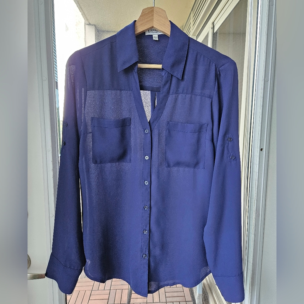 Sheer Button-up Blouse - Blue - Small